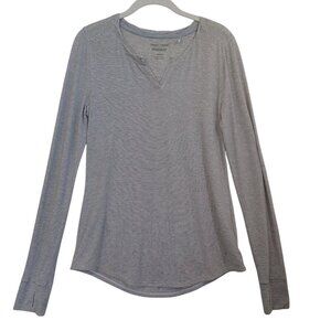 Horny Toad Striped Henley Shirt Long Sleeve Pullover Gray White Womens Small